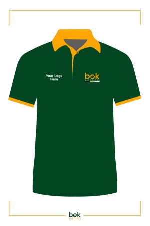 Showcasing the Blitz Premium Mens Golfer Shirt in Springbok Green with Yellow Sleeve Ends and Collar. Can be branded with your Logo.