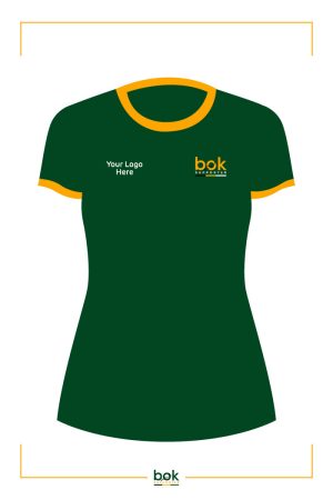 Green Grubber Crew Neck Ladies T Shirt with golden yellow sleeve/collar edging. Add your company logo and show your Springbok Support.