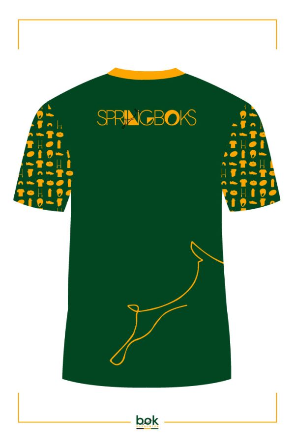 Back of the Crew Neck Mens Springbok Supporter T-Shirt with the large bok, Springboks detail and rugby pattern sleeves