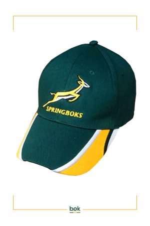 Close up of the Springbok Logo and Yellow side stripes of this Official Springbok Field Cap.