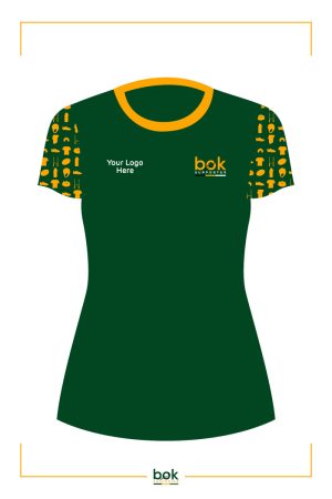 This Sho Sleeve Ladies T Shirt in green has loud rugby icon patterned sleeves. Add your company logo as well.