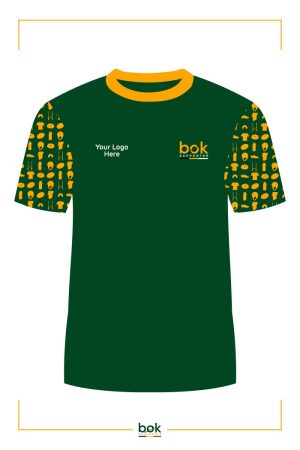 Sho Mens Sleeve T Shirt in green with yellow rugby pattern sleeves and yellow crew neck collar. Brand with your own logo.