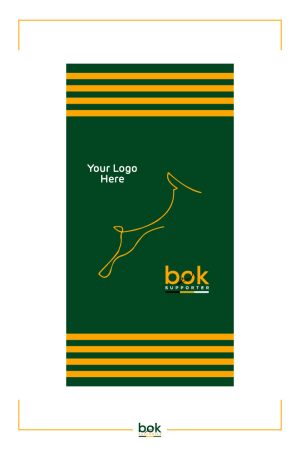The Boksupporter Bok Buff in green with yellow stripes, springbok line drawing, Bok Supporter Logo and your logo (optional).