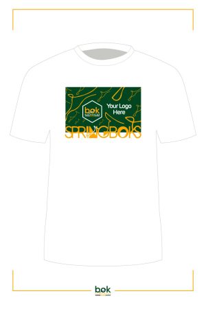 Front of the White Springbok Turnover T Shirt with Boksupporter logo and your logo.