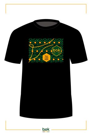 Front of the Super Bok T-Shirt in Black with Full Colour print of green pattern, the boksupporter logo and your logo.