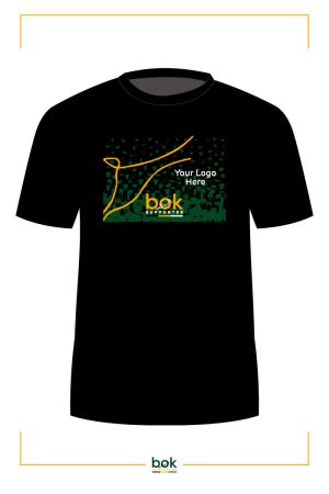 Front of the Bomb Squad T Shirt with Boksupporter logo, your logo, rugby icons and part of the Springbok