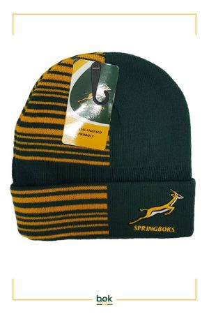 Showcasing the Official Springbok Beanie in knitted green acrylic with think yellow stripes and embroided Springbok Logo.