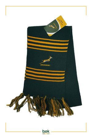 Product shot of the Official Springbok Scarf, acrylic knitted in green with yellow stripes and a Springbok Logo.